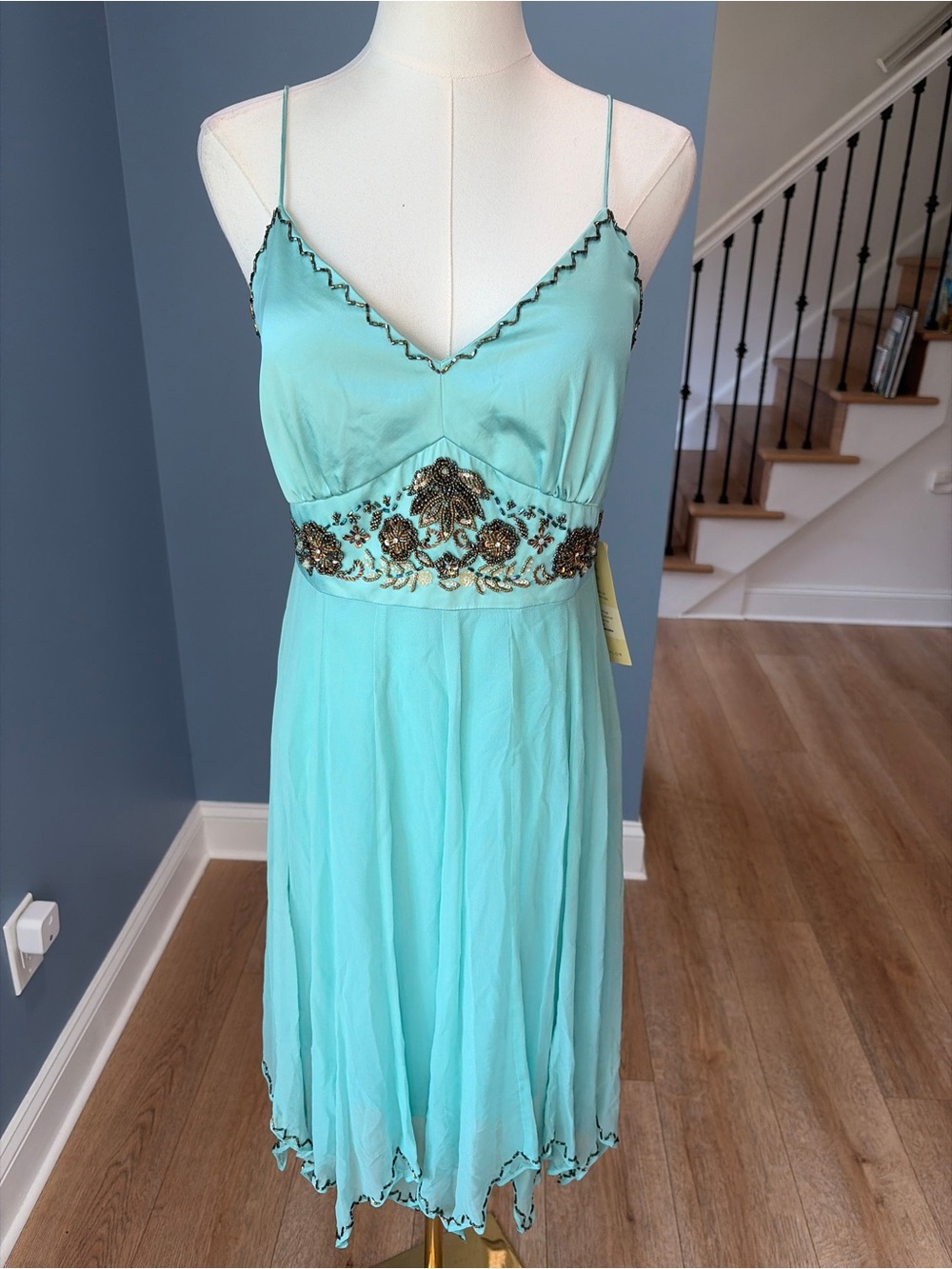 Xscape Petite 100% Silk Beaded Embellished Midi Dress Aqua Blue Size 6P NWT